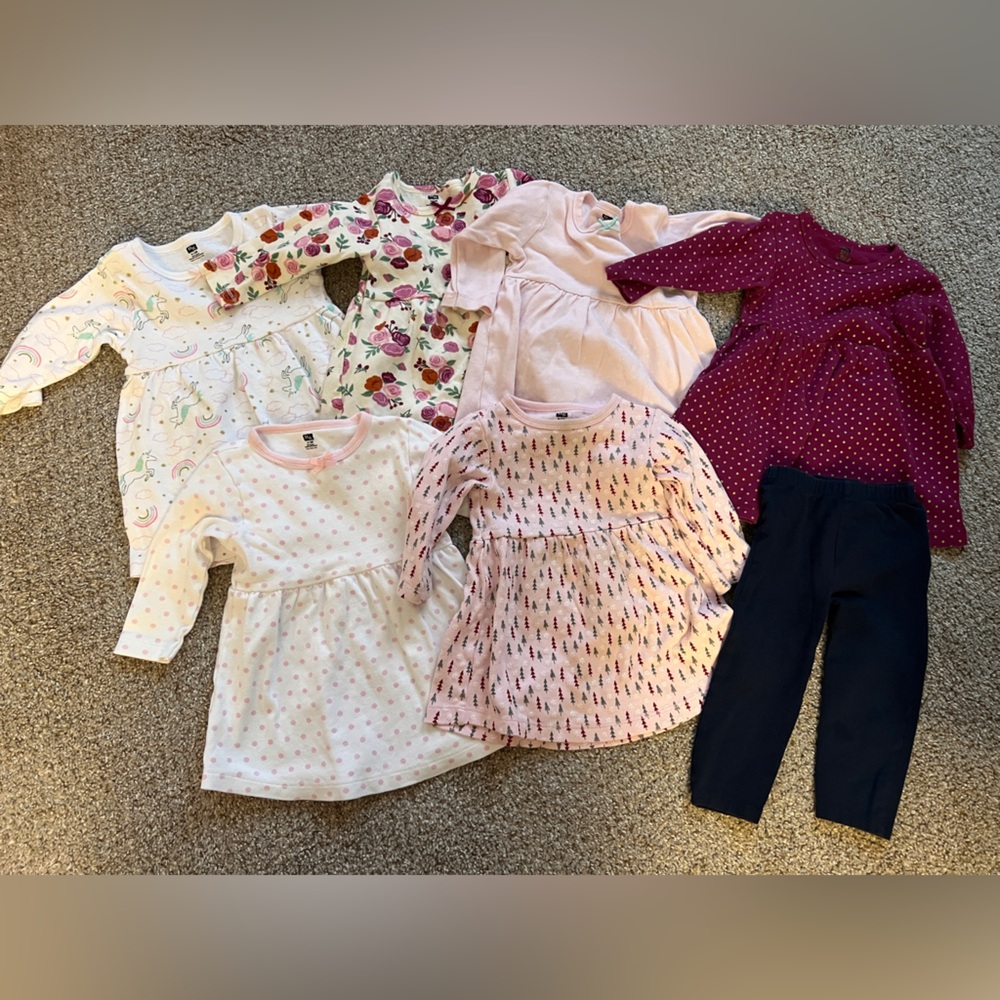 Bundle lot of 6 Hudson Baby girls long sleeve dresses + 1 pair pants 9-12 months